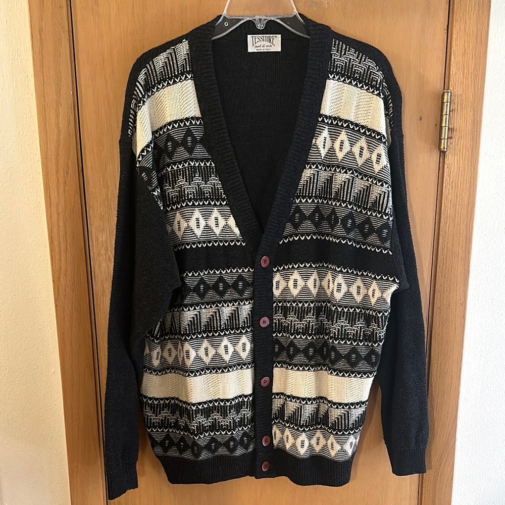 Tessitore Patterned Textured Made in Italy Cardigan Sweater Gray Size Large